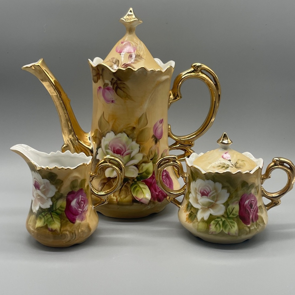 Lefton Japan Porcelain Cocoa or Tea Pot Creamer Sugar Set Hand Painted 1950s